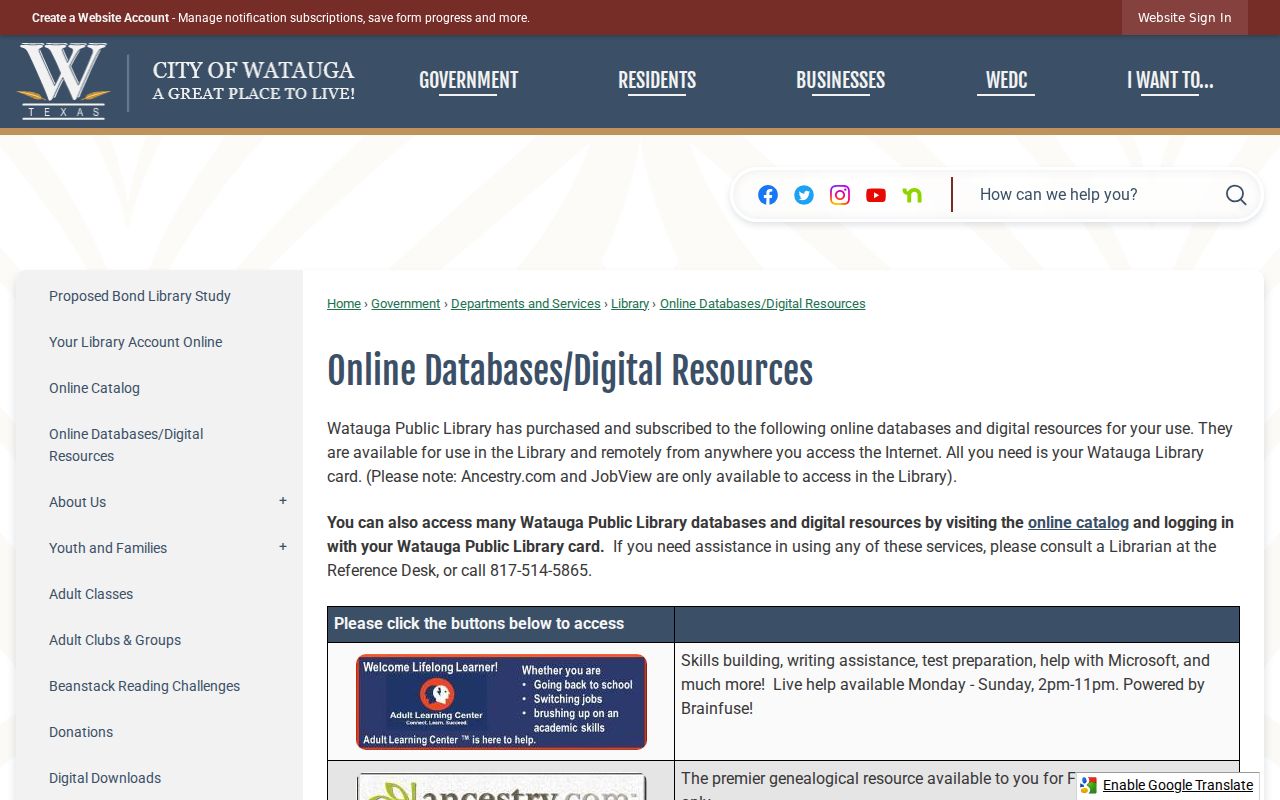 Watauga city directory library database access information