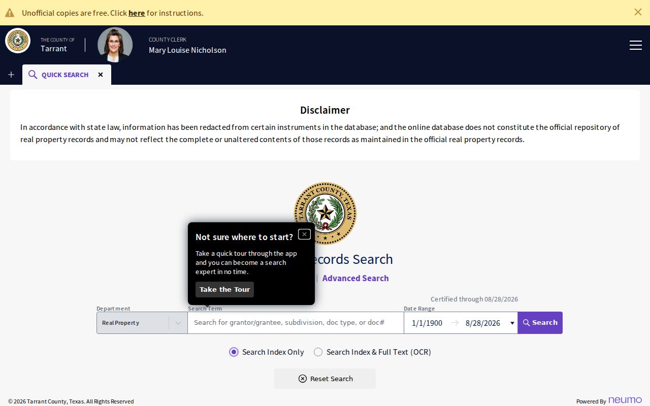 Watauga street directory Tarrant County real-property search controls
