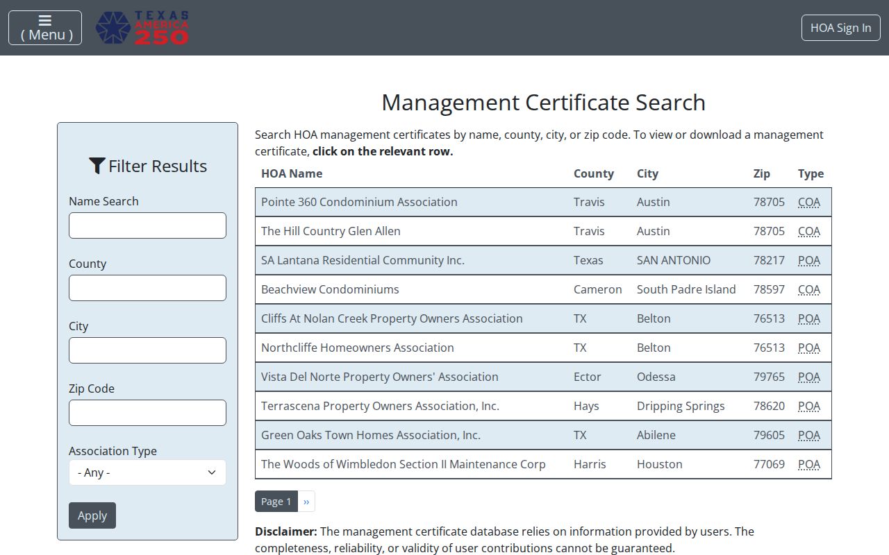 Watauga ZIP code directory Texas HOA certificate search fields